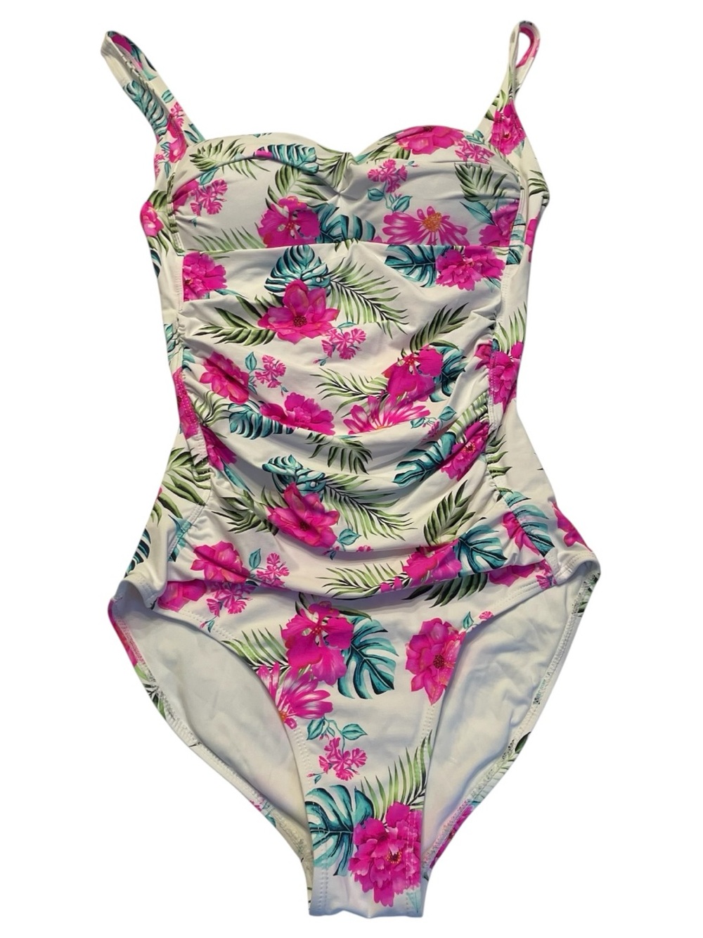 Nicole Miller White & Hot Pink Floral One Piece Swimsuit  with Rouching sz S